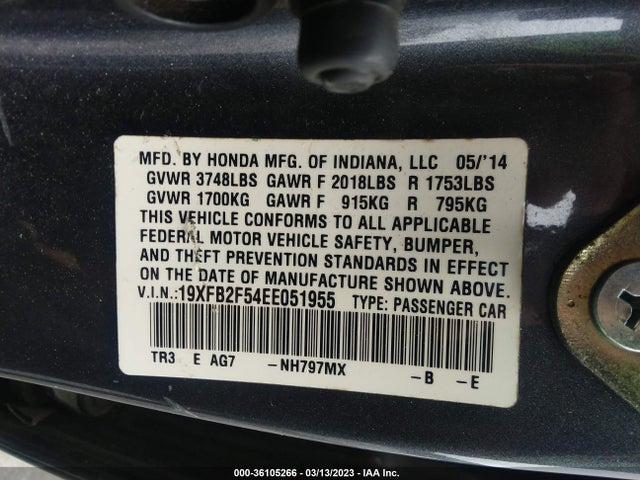 Honda Civic Sedan Lx 2014 19XFB2F54EE051955 Image 9