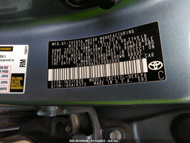 2020 TOYOTA COROLLA LE VIN: 5YFEPRAE5LP093995