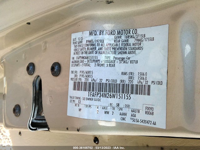 2006 FORD FOCUS S/SE/SES VIN: 1FAFP34N26W151155