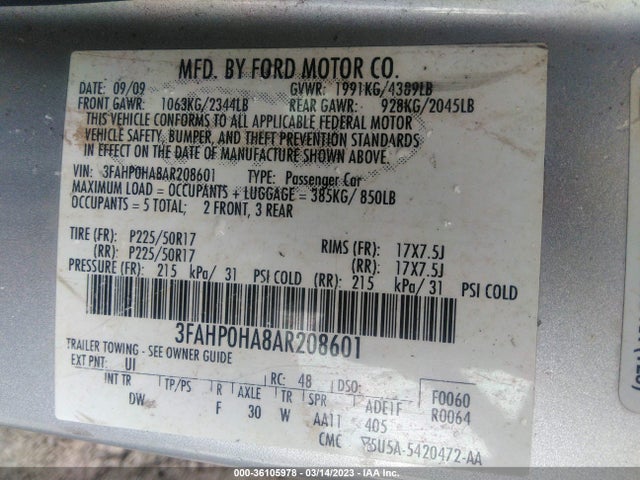 2010 FORD FUSION SE VIN: 3FAHP0HA8AR208601