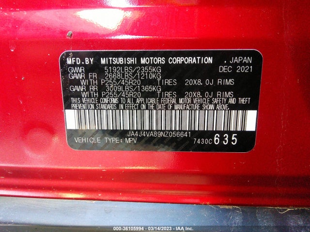 JA4J4VA89NZ056641 Mitsubishi Outlander Sel