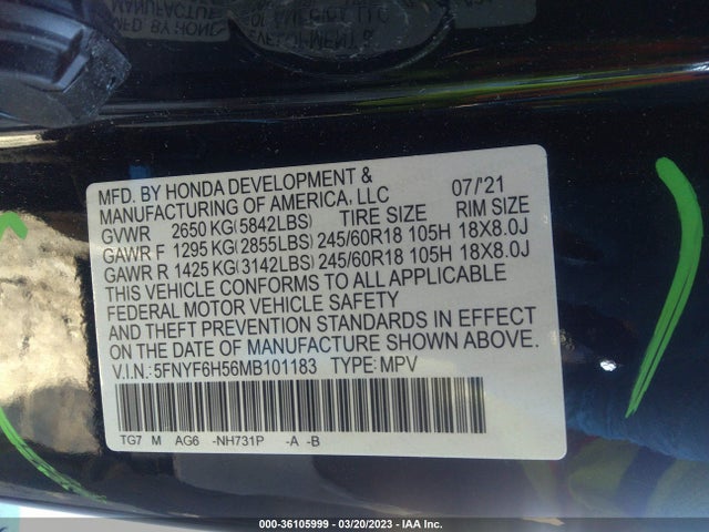 Honda Pilot Ex-l 2021 5FNYF6H56MB101183 Image 10