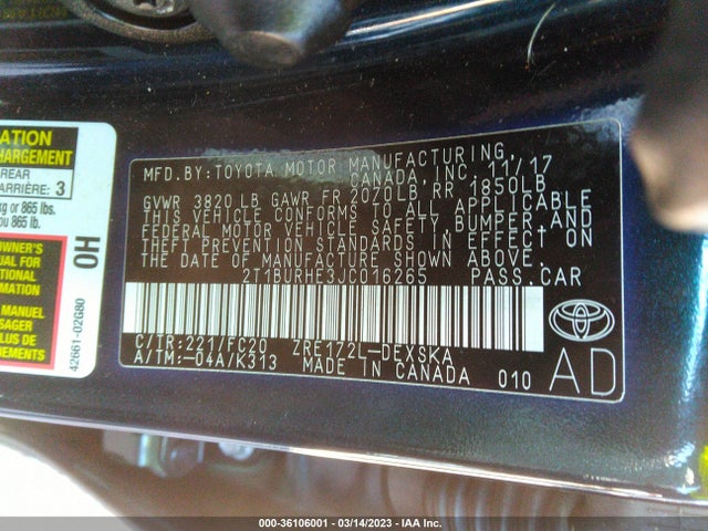 2018 TOYOTA COROLLA L/LE/XLE/SE/XSE VIN: 2T1BURHE3JC016265