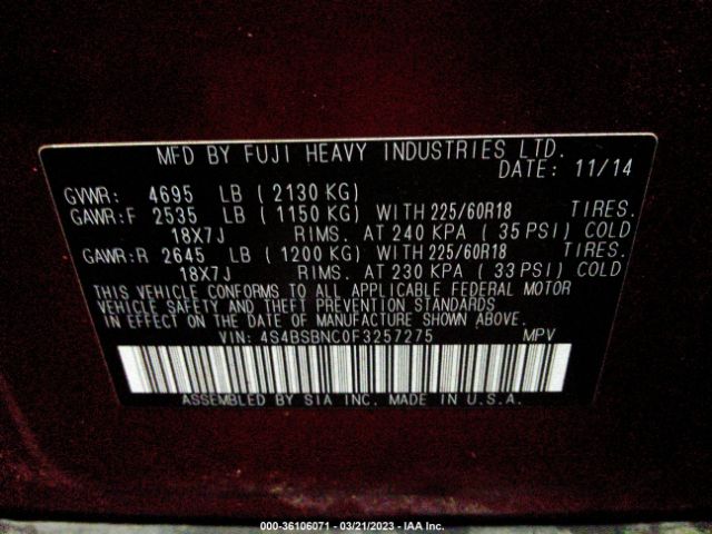 4S4BSBNC0F3257275 Subaru Outback 2.5i Limited