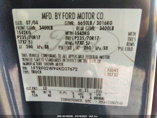 2004 FORD F-150 STX/XLT VIN: 1FTRF02W94KD37672