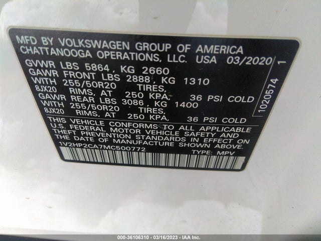 1V2HP2CA7MC500772 Volkswagen Atlas 2.0t Se W/technology