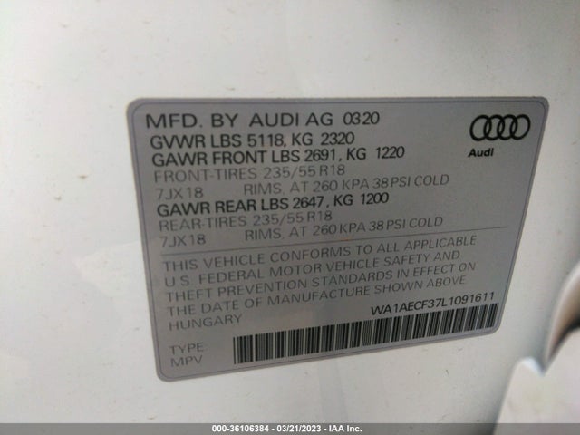 Audi Q3 PREMIUM 2020 WA1AECF37L1091611 Image 9