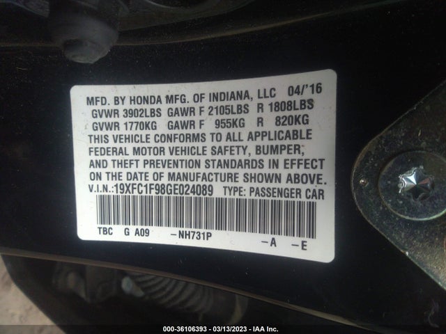 2016 HONDA CIVIC SEDAN TOURING VIN: 19XFC1F98GE024089