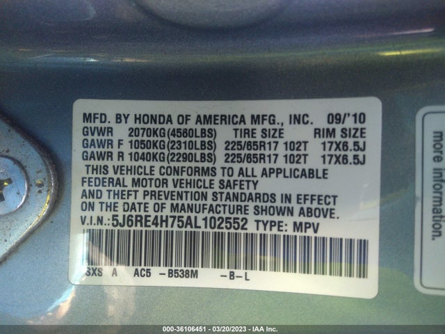 2010 HONDA CR-V EX-L VIN: 5J6RE4H75AL102552