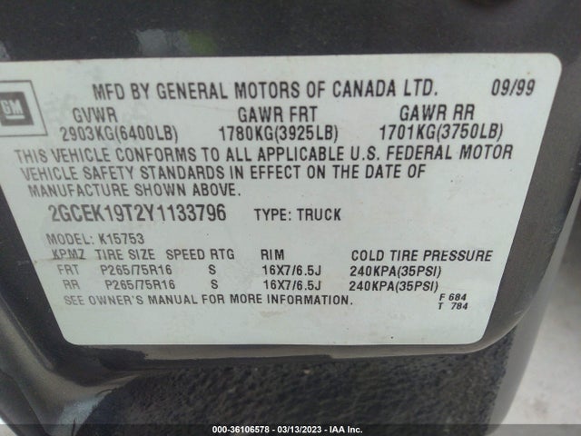 2000 CHEVROLET SILVERADO 1500 LT VIN: 2GCEK19T2Y1133796