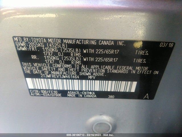 2018 TOYOTA RAV4 XLE/ADVENTURE VIN: 2T3WFREV1JW461464