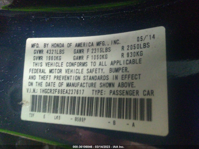 Aukcja sprzedaży 2014 Honda Accord Sedan Ex-l, vin: 1HGCR2F89EA237617, numer aukcji: 36106846