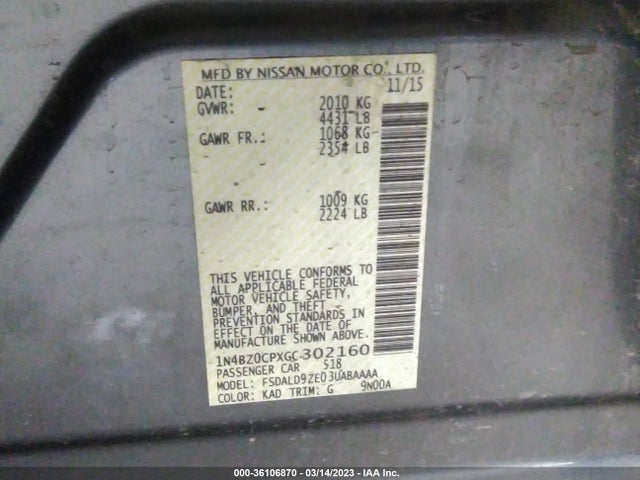 2016 NISSAN LEAF SV VIN: 1N4BZ0CPXGC302160