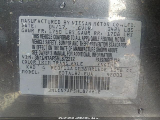 3N1CN7AP5HL872212 Nissan Versa Sedan Sv