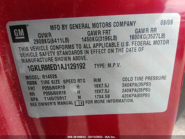 GMC Acadia Slt1 2010 1GKLRMED1AJ129192 Image 9