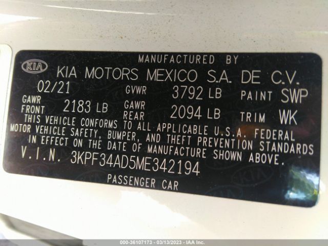3KPF34AD5ME342194 KIA Forte Gt-line