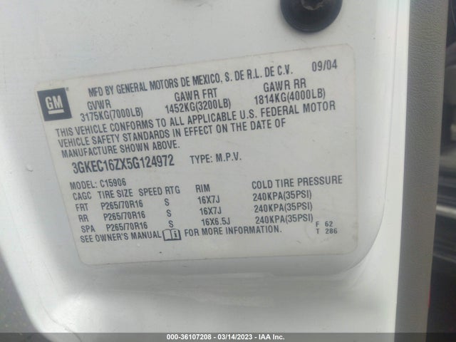 2005 GMC YUKON XL SLE VIN: 3GKEC16ZX5G124972