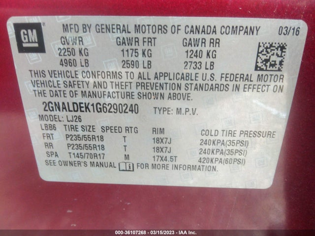 Chevrolet Equinox Ltz 2016 2GNALDEK1G6290240 Image 9