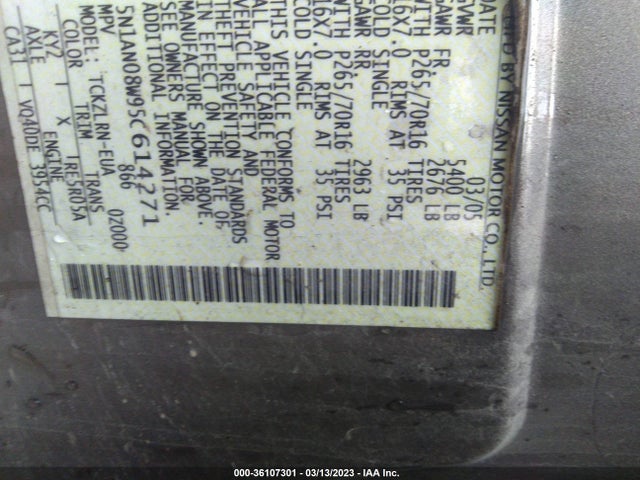 2005 NISSAN XTERRA S VIN: 5N1AN08W95C614271