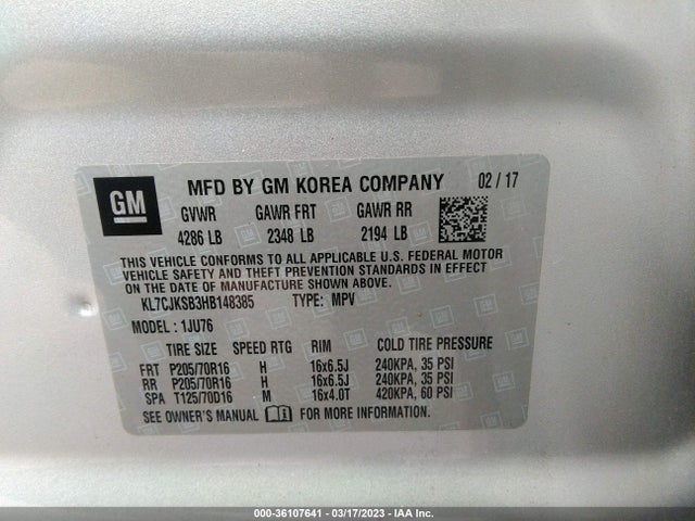 Chevrolet TRAX LS 2017 KL7CJKSB3HB148385 Image 11