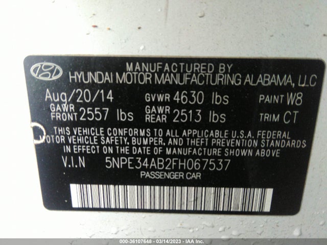 2015 HYUNDAI SONATA 2.0T SPORT VIN: 5NPE34AB2FH067537