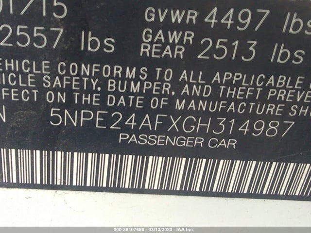 2016 HYUNDAI SONATA 2.4L SE VIN: 5NPE24AFXGH314987