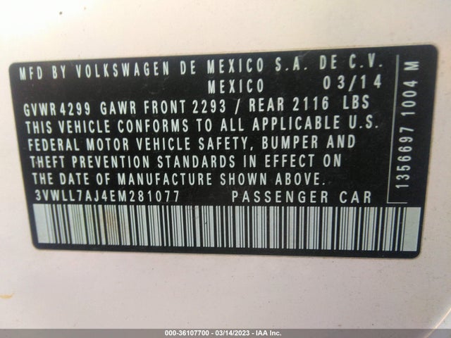 2014 VOLKSWAGEN JETTA SEDAN TDI VALUE EDITION VIN: 3VWLL7AJ4EM281077