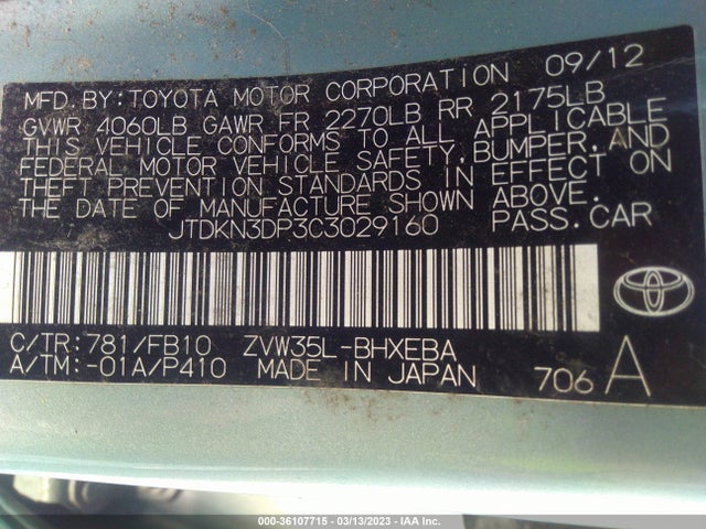 36107715 :رقم المزاد ، JTDKN3DP3C3029160 vin ، 2012 Toyota Prius Plug-in مزاد بيع