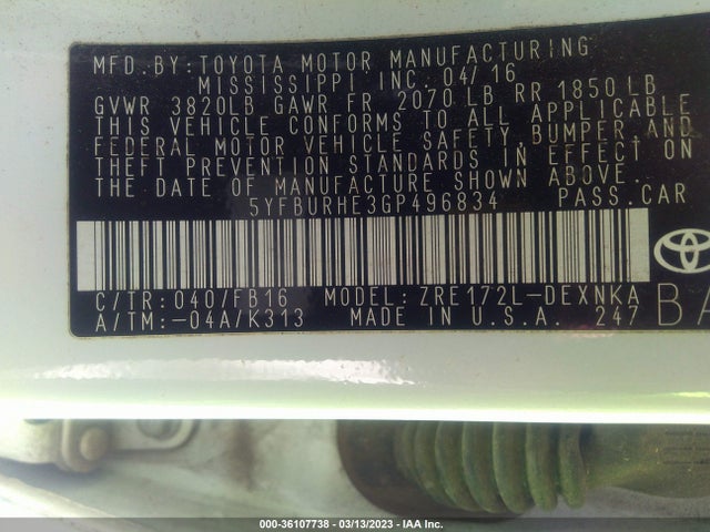 Toyota Corolla L/le/s/s Plus/le Plus 2016 5YFBURHE3GP496834 Image 9