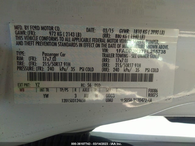 Ford FOCUS SE 2015 1FADP3K27FL255738 Image 10