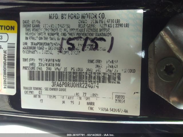 3FA6P0RU0HR224074 Ford FUSION HYBRID