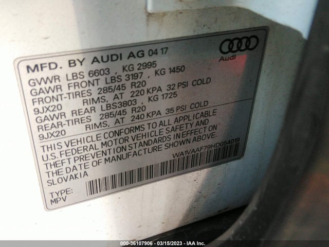 2017 AUDI Q7 PRESTIGE VIN: WA1VAAF79HD054019