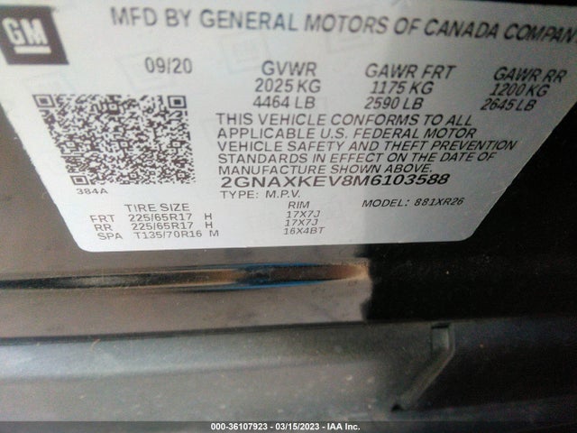 Chevrolet EQUINOX LT 2021 2GNAXKEV8M6103588 Image 9
