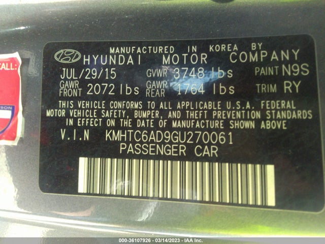 2016 Hyundai Veloster, VIN: KMHTC6AD9GU270061