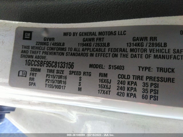 2012 CHEVROLET COLORADO WORK TRUCK VIN: 1GCCSBF95C8133156