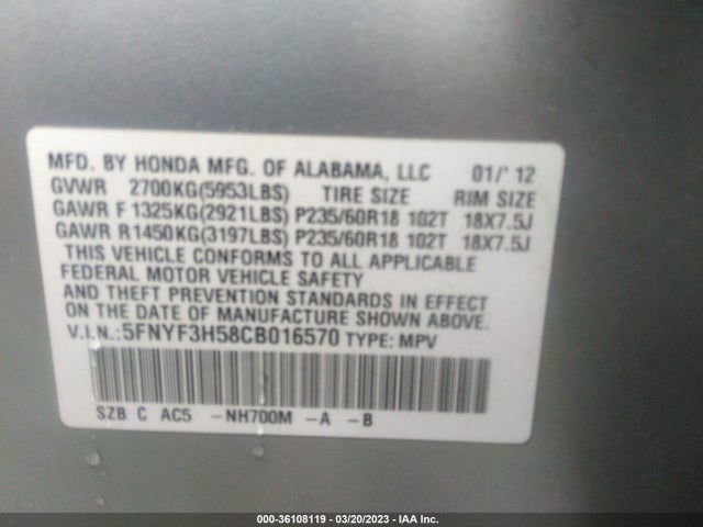 2012 HONDA PILOT EX-L VIN: 5FNYF3H58CB016570