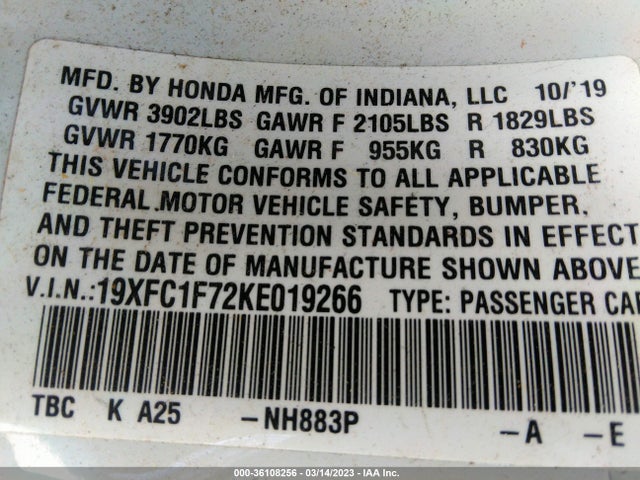 Honda Civic Ex-l 2019 19XFC1F72KE019266 Image 9