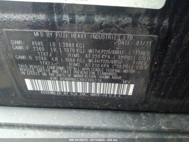 4S4BRBCCXB3386276 Subaru Outback 2.5i Prem Awp