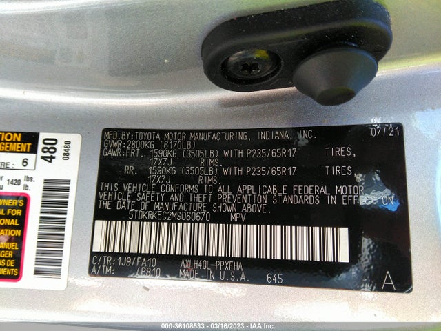 2021 Toyota Sienna, VIN: 5TDKRKEC2MS060670