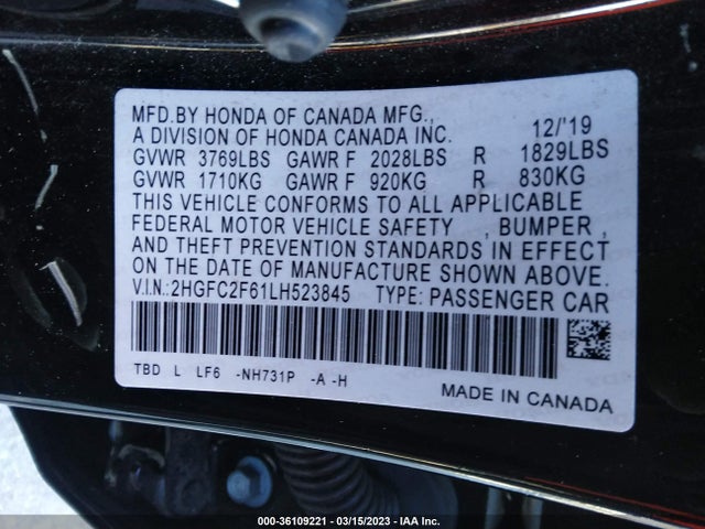2020 HONDA CIVIC SEDAN LX VIN: 2HGFC2F61LH523845