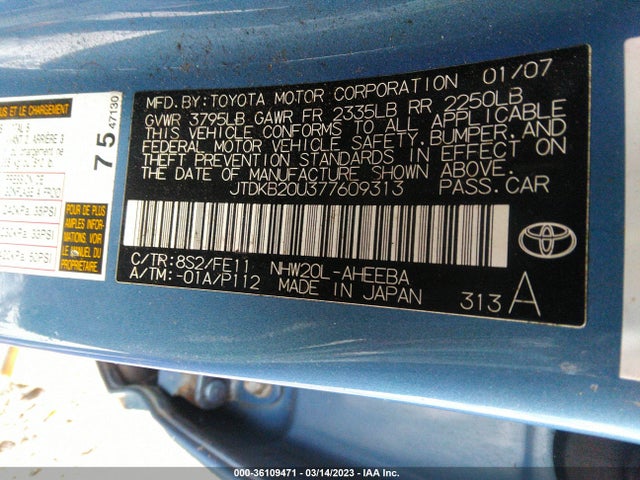 2007 TOYOTA PRIUS VIN: JTDKB20U377609313