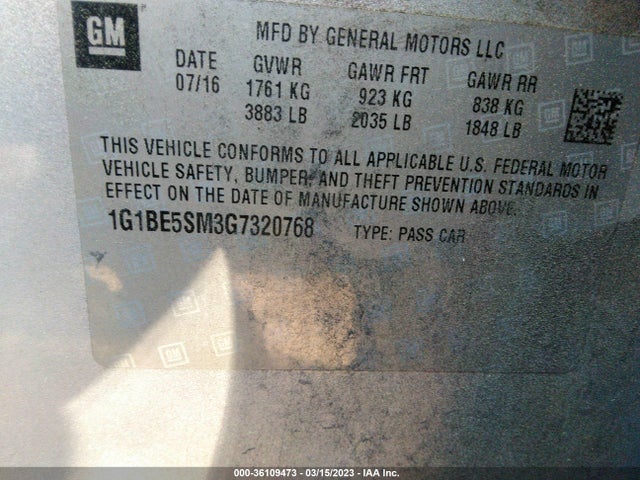 Chevrolet CRUZE LT 2016 1G1BE5SM3G7320768 Image 10
