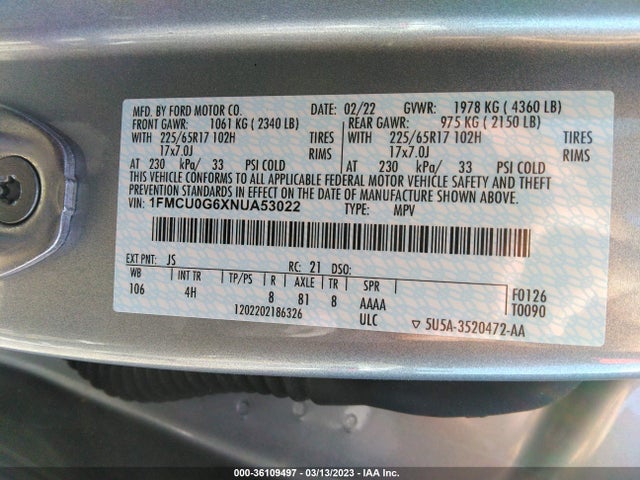 Ford ESCAPE SE 2022 1FMCU0G6XNUA53022 Image 9