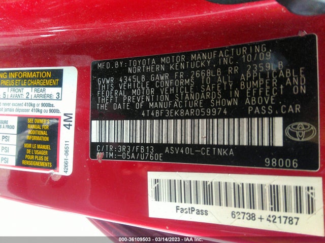 2010 TOYOTA CAMRY VIN: 4T4BF3EK8AR059974