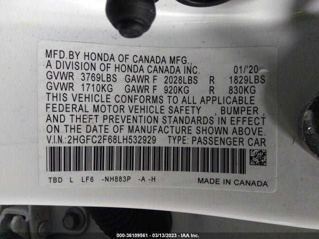 2020 HONDA CIVIC SEDAN LX VIN: 2HGFC2F68LH532929
