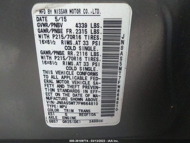 2015 NISSAN ROGUE SELECT S VIN: JN8AS5MT7FW664810