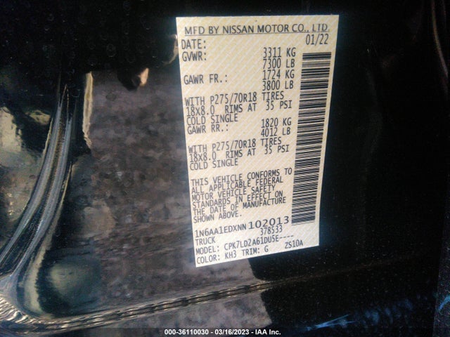 2022 Nissan Titan, VIN: 1N6AA1EDXNN102013