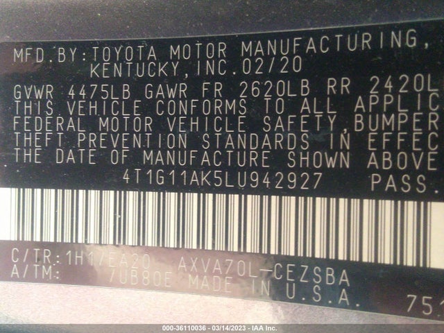 Toyota CAMRY SE 2020 4T1G11AK5LU942927 Image 9