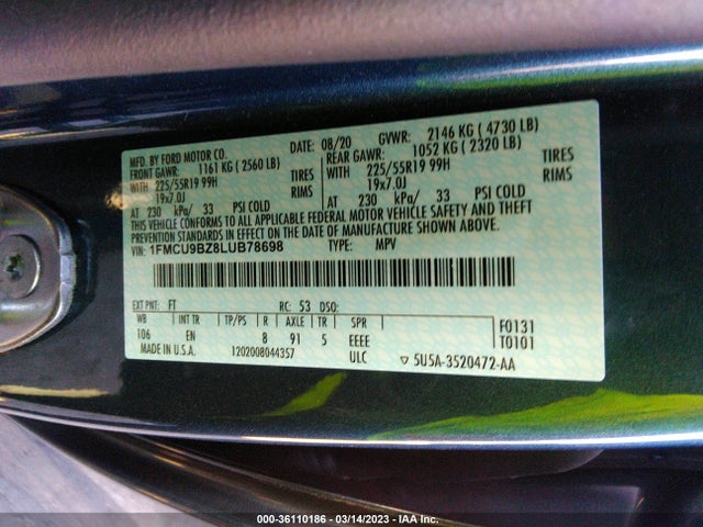 2020 Ford Escape, VIN: 1FMCU9BZ8LUB78698