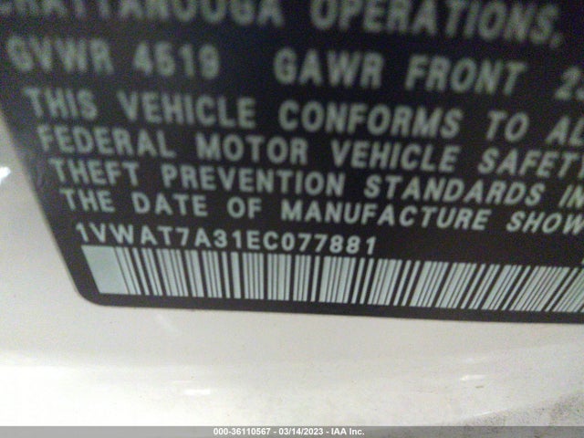 1VWAT7A31EC077881 Volkswagen Passat Wolfsburg Ed